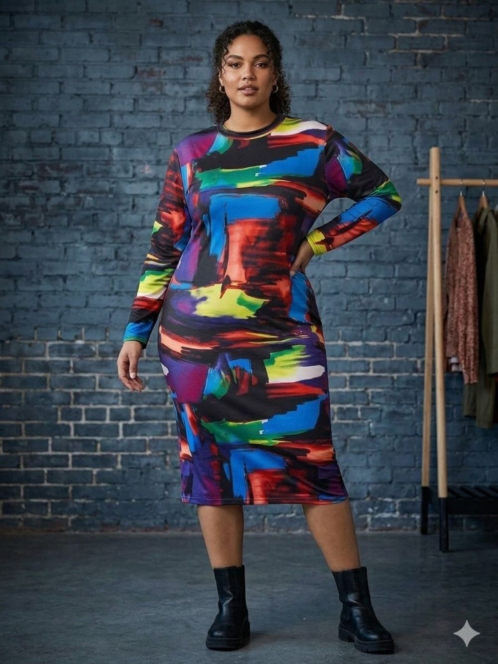 SHEIN Multicolor Brushstroke Long Sleeve Midi Dress  3X